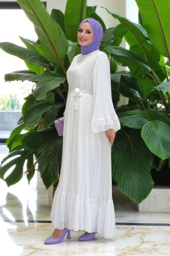 Pleated Ruffle Look Lined Chiffon Dress 3404 Ecru - 3