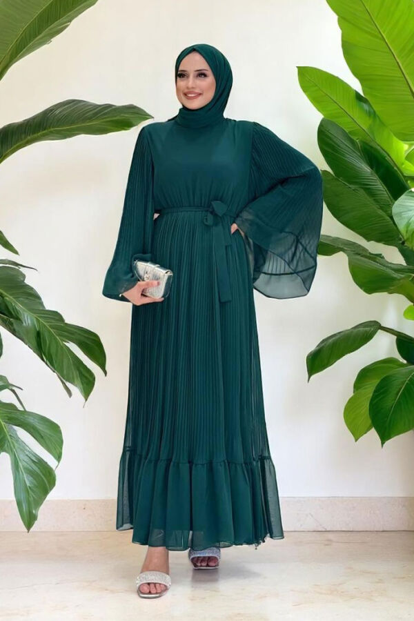 Pleated Ruffle Look Lined Chiffon Dress 3404 Emerald - 2