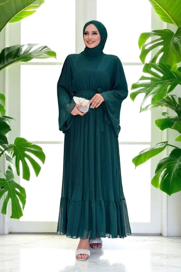 Pleated Ruffle Look Lined Chiffon Dress 3404 Emerald - 3