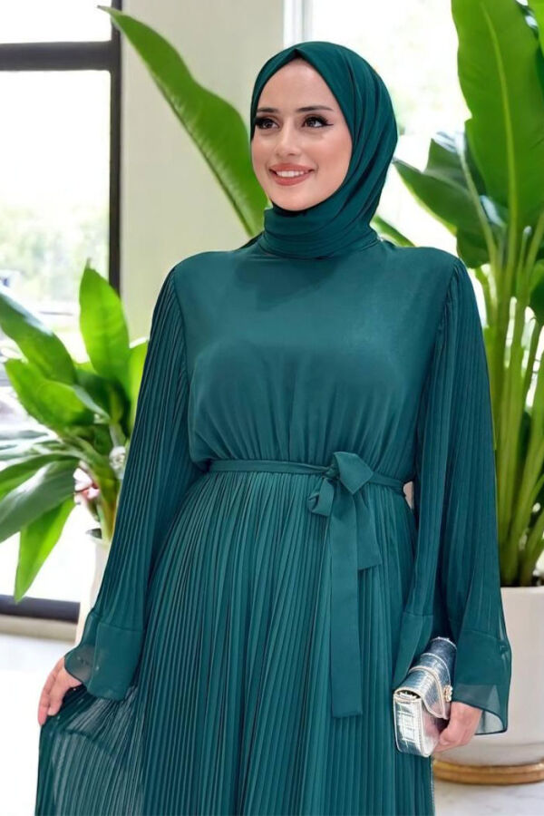 Pleated Ruffle Look Lined Chiffon Dress 3404 Emerald - 4