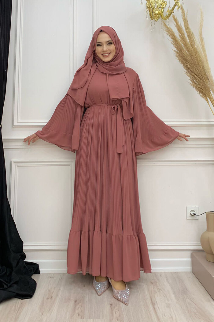 Pleated Ruffle Look Lined Chiffon Dress 3404 Dried Rose - 5