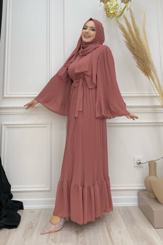 Pleated Ruffle Look Lined Chiffon Dress 3404 Dried Rose - 6