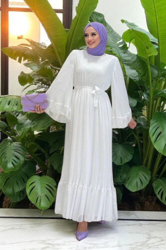 Piliseli Fırfır Görünümlü Astarlı Şifon Elbise 3404 Ekru - Bym Fashion