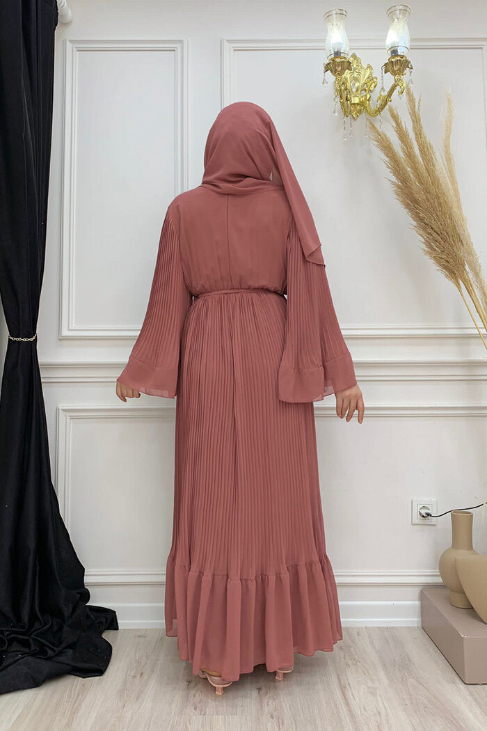 Piliseli Fırfır Görünümlü Astarlı Şifon Elbise 3404 Gül Kurusu - 7