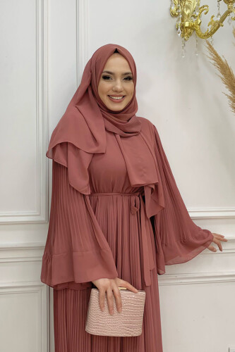 Piliseli Fırfır Görünümlü Astarlı Şifon Elbise 3404 Gül Kurusu - 8