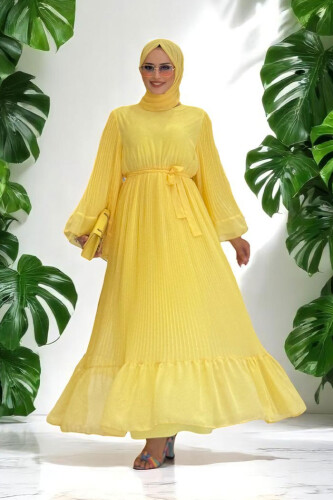 Piliseli Fırfır Görünümlü Astarlı Şifon Elbise 3404 Sarı - Bym Fashion