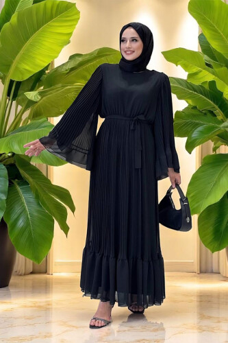 Piliseli Fırfır Görünümlü Astarlı Şifon Elbise 3404 Siyah - Bym Fashion