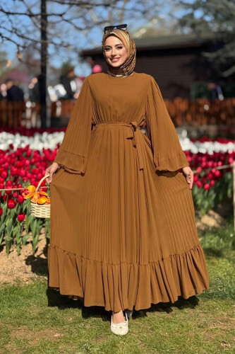 Piliseli Fırfır Görünümlü Astarlı Şifon Elbise 3404 Taba - Bym Fashion