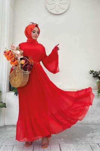 Piliseli Fırfır Görünümlü Astarlı Şifon Elbise 3404 Turuncu - Bym Fashion