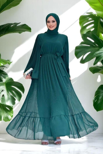 Piliseli Fırfır Görünümlü Astarlı Şifon Elbise 3404 Zümrüt - Bym Fashion