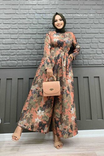 Göğüs Kısmı Gizli Düğmeli Bel Kuşaklı Baskı Desenli Tulum 3486 Gül Kurusu - Bym Fashion