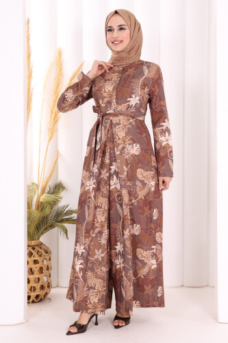 Göğüs Kısmı Gizli Düğmeli Bel Kuşaklı Baskı Desenli Tulum 3486 Kahverengi