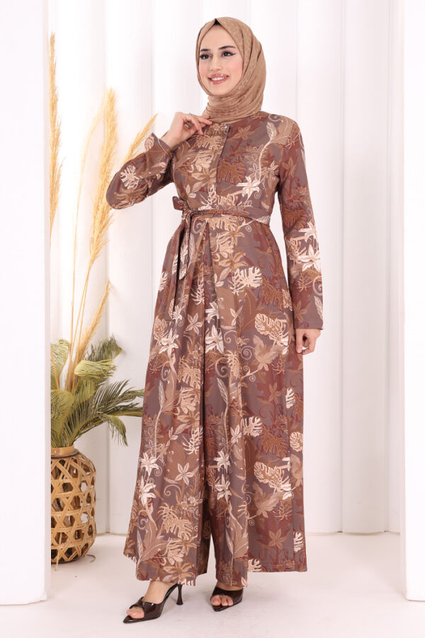 Göğüs Kısmı Gizli Düğmeli Bel Kuşaklı Baskı Desenli Tulum 3486 Kahverengi - 1