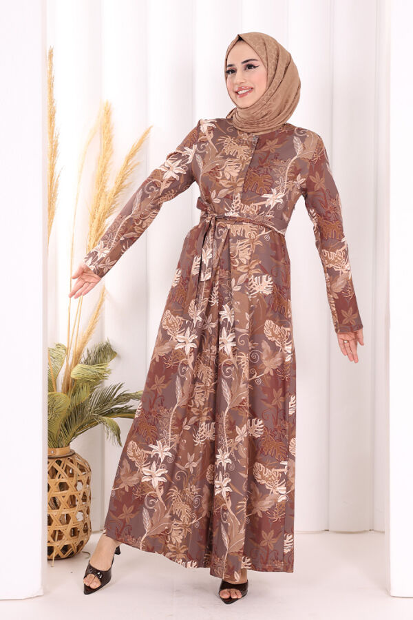 Göğüs Kısmı Gizli Düğmeli Bel Kuşaklı Baskı Desenli Tulum 3486 Kahverengi - 2