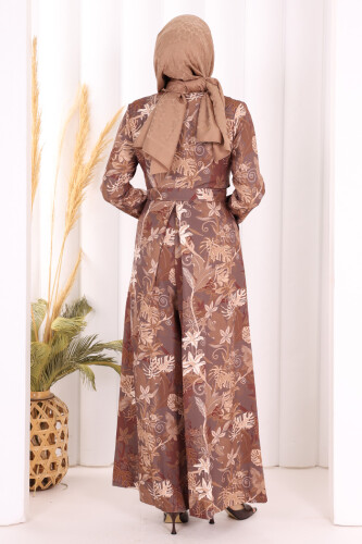 Göğüs Kısmı Gizli Düğmeli Bel Kuşaklı Baskı Desenli Tulum 3486 Kahverengi - 4