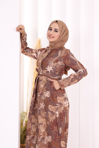 Göğüs Kısmı Gizli Düğmeli Bel Kuşaklı Baskı Desenli Tulum 3486 Kahverengi - 5