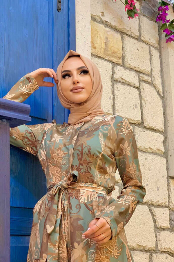 Göğüs Kısmı Gizli Düğmeli Bel Kuşaklı Baskı Desenli Tulum 3486 Mint - 4