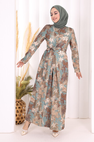 Göğüs Kısmı Gizli Düğmeli Bel Kuşaklı Baskı Desenli Tulum 3486 Mint - 2