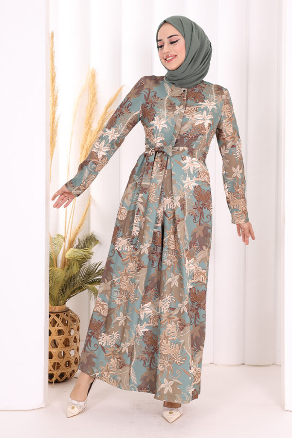 Göğüs Kısmı Gizli Düğmeli Bel Kuşaklı Baskı Desenli Tulum 3486 Mint - 2