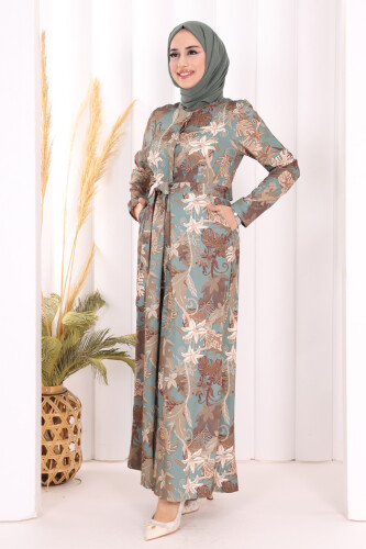 Göğüs Kısmı Gizli Düğmeli Bel Kuşaklı Baskı Desenli Tulum 3486 Mint - 4