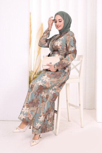 Göğüs Kısmı Gizli Düğmeli Bel Kuşaklı Baskı Desenli Tulum 3486 Mint