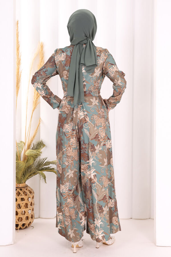 Göğüs Kısmı Gizli Düğmeli Bel Kuşaklı Baskı Desenli Tulum 3486 Mint - 5