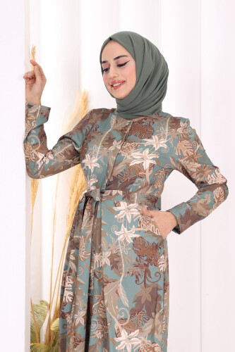 Göğüs Kısmı Gizli Düğmeli Bel Kuşaklı Baskı Desenli Tulum 3486 Mint - 6