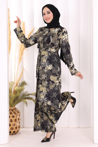 Göğüs Kısmı Gizli Düğmeli Bel Kuşaklı Baskı Desenli Tulum 3486 Siyah