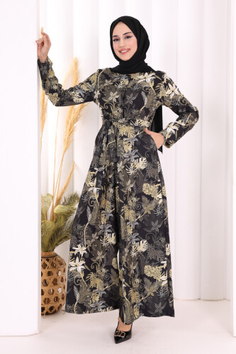 Göğüs Kısmı Gizli Düğmeli Bel Kuşaklı Baskı Desenli Tulum 3486 Siyah - 2