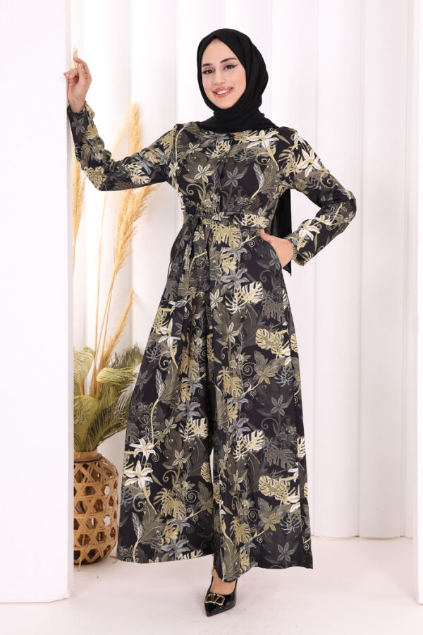 Göğüs Kısmı Gizli Düğmeli Bel Kuşaklı Baskı Desenli Tulum 3486 Siyah - 2