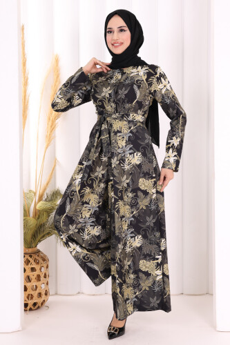 Göğüs Kısmı Gizli Düğmeli Bel Kuşaklı Baskı Desenli Tulum 3486 Siyah - 3