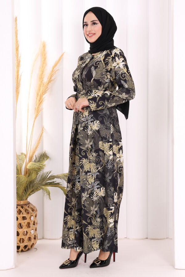 Göğüs Kısmı Gizli Düğmeli Bel Kuşaklı Baskı Desenli Tulum 3486 Siyah - 4