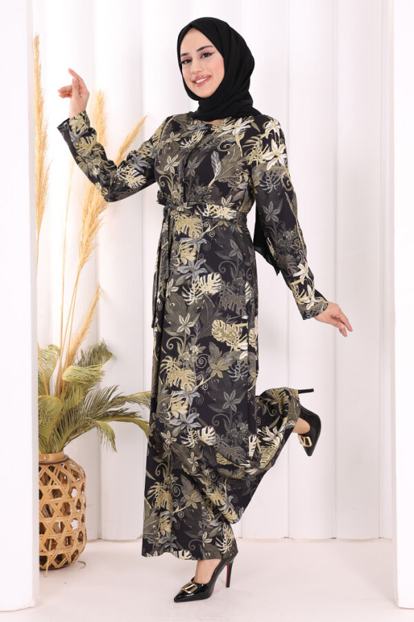 Göğüs Kısmı Gizli Düğmeli Bel Kuşaklı Baskı Desenli Tulum 3486 Siyah - 1