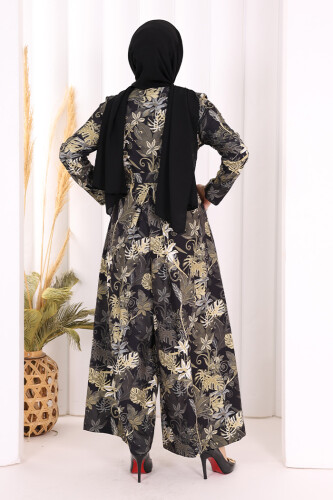 Göğüs Kısmı Gizli Düğmeli Bel Kuşaklı Baskı Desenli Tulum 3486 Siyah - 5