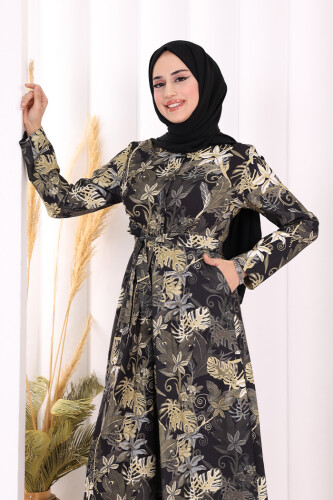 Göğüs Kısmı Gizli Düğmeli Bel Kuşaklı Baskı Desenli Tulum 3486 Siyah - 6