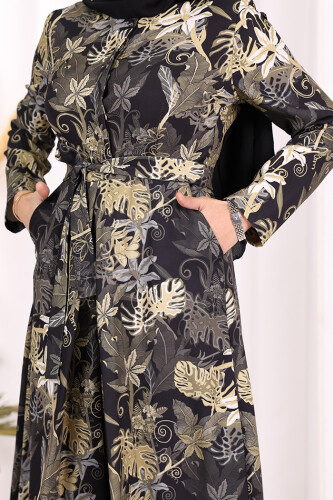 Göğüs Kısmı Gizli Düğmeli Bel Kuşaklı Baskı Desenli Tulum 3486 Siyah - 7