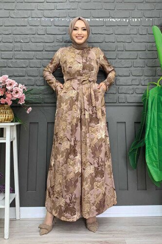 Göğüs Kısmı Gizli Düğmeli Bel Kuşaklı Baskı Desenli Tulum 3486 Vizon - Bym Fashion