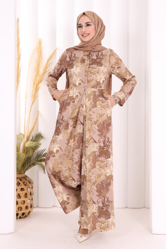 Göğüs Kısmı Gizli Düğmeli Bel Kuşaklı Baskı Desenli Tulum 3486 Vizon