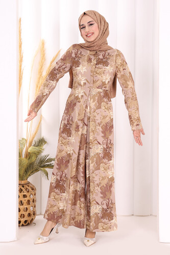 Göğüs Kısmı Gizli Düğmeli Bel Kuşaklı Baskı Desenli Tulum 3486 Vizon - 2