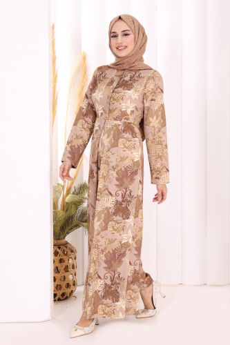 Göğüs Kısmı Gizli Düğmeli Bel Kuşaklı Baskı Desenli Tulum 3486 Vizon - 3