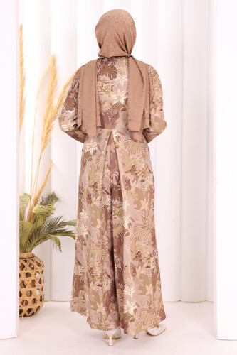 Göğüs Kısmı Gizli Düğmeli Bel Kuşaklı Baskı Desenli Tulum 3486 Vizon - 4