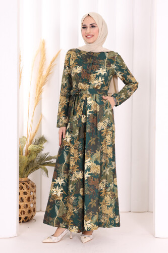 Göğüs Kısmı Gizli Düğmeli Bel Kuşaklı Baskı Desenli Tulum 3486 Zümrüt