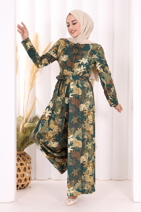 Göğüs Kısmı Gizli Düğmeli Bel Kuşaklı Baskı Desenli Tulum 3486 Zümrüt - 2