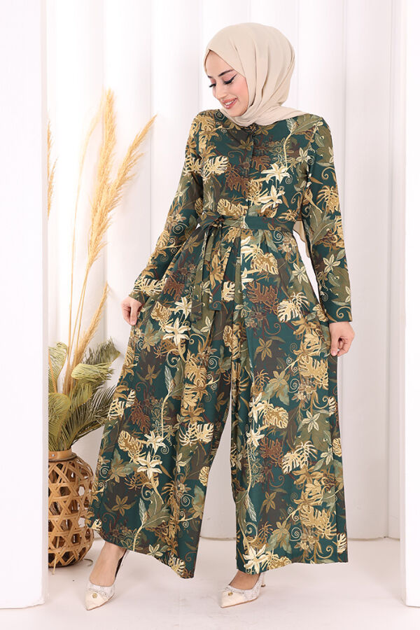 Göğüs Kısmı Gizli Düğmeli Bel Kuşaklı Baskı Desenli Tulum 3486 Zümrüt - 3