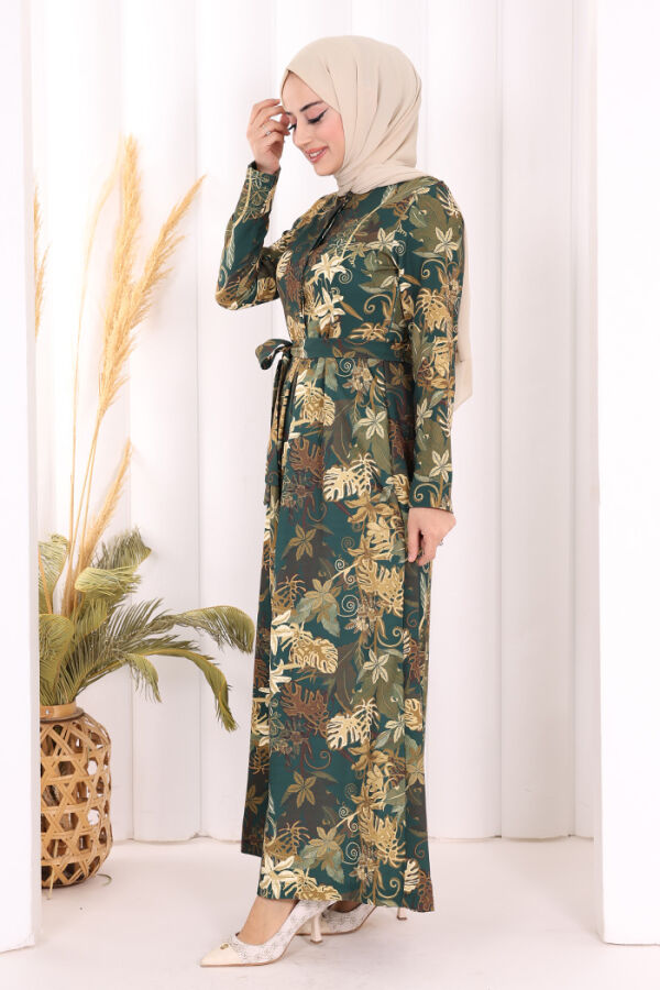 Göğüs Kısmı Gizli Düğmeli Bel Kuşaklı Baskı Desenli Tulum 3486 Zümrüt - 4