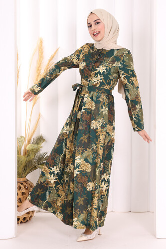 Göğüs Kısmı Gizli Düğmeli Bel Kuşaklı Baskı Desenli Tulum 3486 Zümrüt - 5