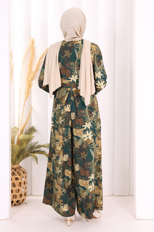 Göğüs Kısmı Gizli Düğmeli Bel Kuşaklı Baskı Desenli Tulum 3486 Zümrüt - 6