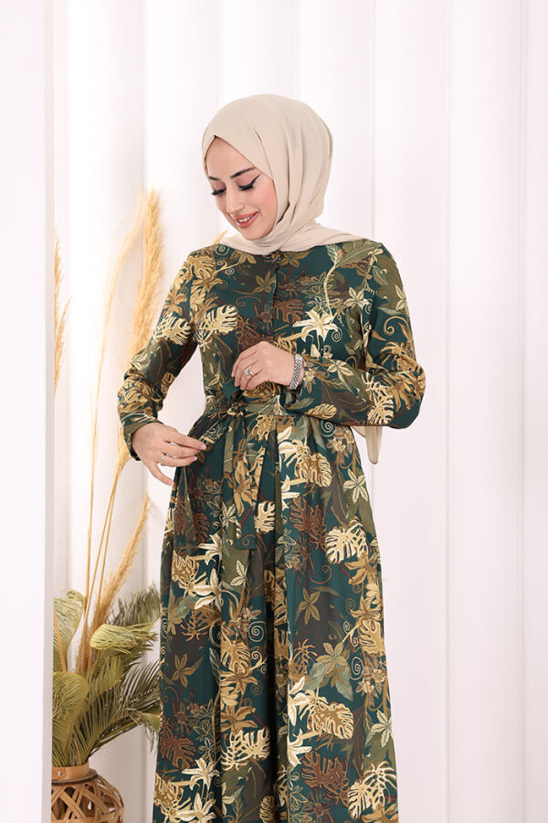 Göğüs Kısmı Gizli Düğmeli Bel Kuşaklı Baskı Desenli Tulum 3486 Zümrüt - 7