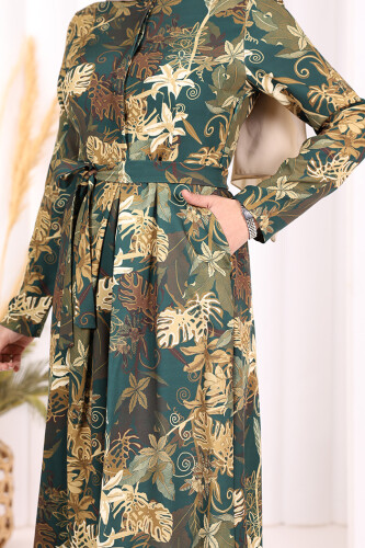 Göğüs Kısmı Gizli Düğmeli Bel Kuşaklı Baskı Desenli Tulum 3486 Zümrüt - 8