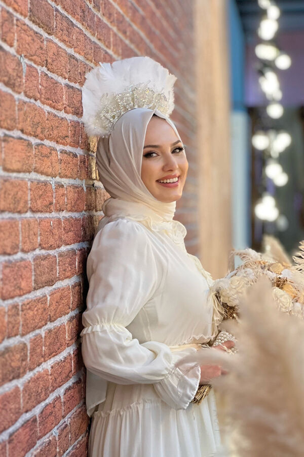 Kat Kat Görünümlü Bel Kuşaklı Fırfırlı Elbise 3495 Ekru - 8